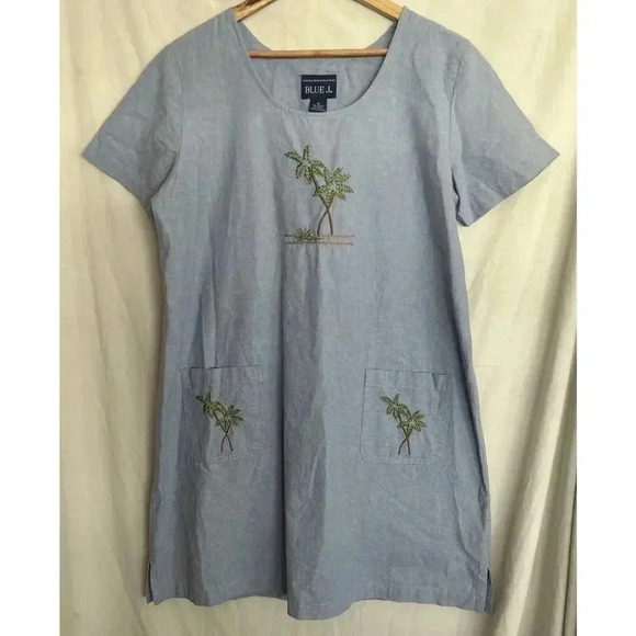 Vintage Embroidered Tropical Palm Short Sleeve Denim Blue J. Shift Dress Size M - Picture 2 of 10